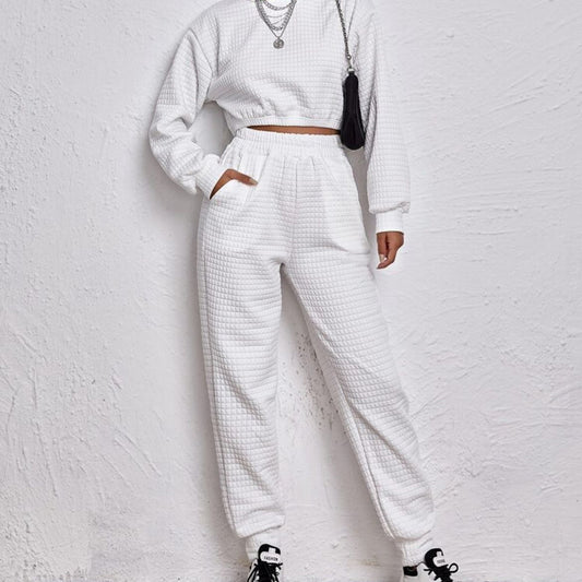 Solid Color Round Neck Top Straight-Leg Pants Knit Set