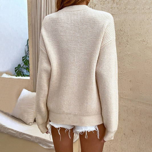 Solid Color Round Neck Long Sleeves Knit Top