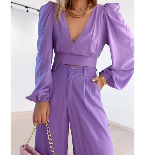 Solid Color V-Neck Short Top and Wide Leg Pants Casual Set