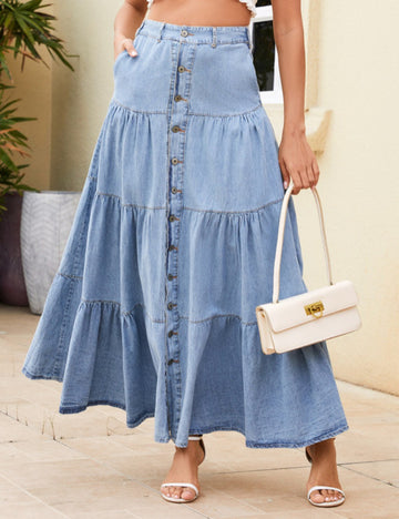 Button Fly Layered Ruffle Denim Maxi Skirt DP25C470