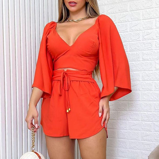 Solid Color V-Neck Top and Short Pants Casual Set