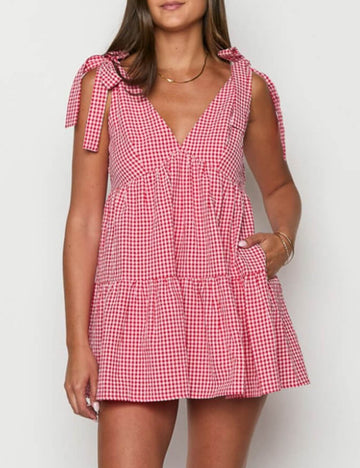 Casual Plaid Tie-Strap V-Neck Mini Dress DP25D577
