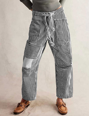Casual Splice Striped Drawstring Wide Leg Pants DP25D919