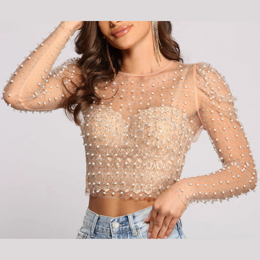 See Through Sparkle Stone Mesh Long Sleeves Top