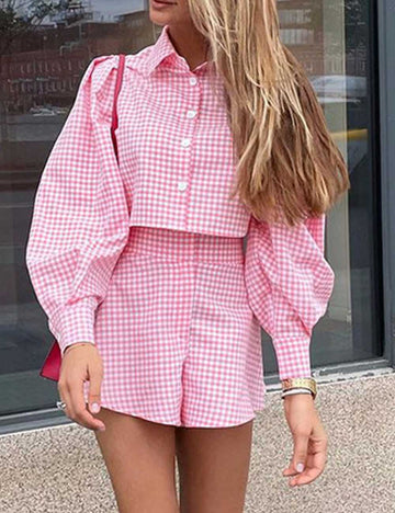 Elegant Lapel Collar Plaid Shirt Shorts Sets DP25F552