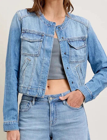 Vintage Crew Neck Denim Cropped Jacket DP25E822