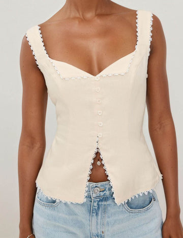 Vintage Lace Trim Button Up Sleeveless Top DP25D910