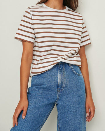 Round Neck Striped Loose Short Sleeves Top DP25B437