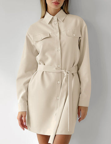 Belted Drop Shoulders Pockets Shirt Mini Dress DP25E679