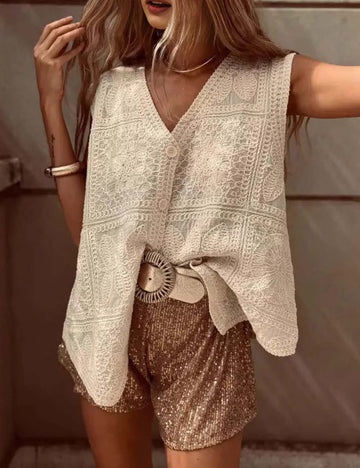 Elegant V-Neck Embroidered Vest Top DP25D915