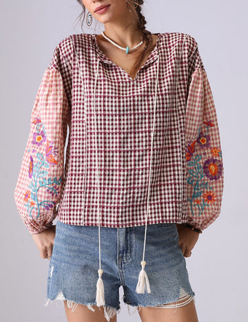 Floral Embroidered Plaid String Top DP25C875