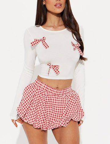 Cute Bow Top Plaid Puffy MIni Skirt Set DP25C457