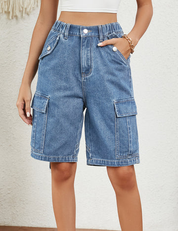 Stylish Mid Waisted Denim Cargo Bermuda Shorts DP25B692