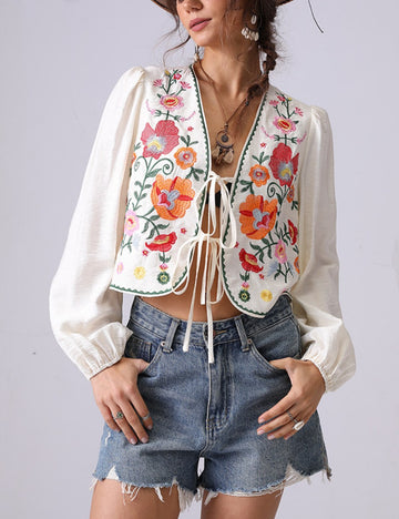 Floral Embroidered Open Front String Shirt DP25C870