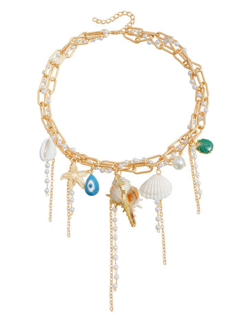 Trendy Starfish Shell Pearl Tassel Choker Necklace DP25D767