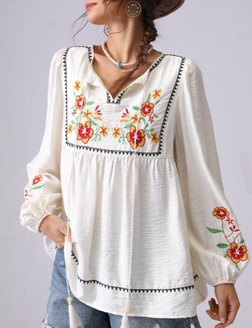 Floral Embroidered V-Neck Tie-Front Blouse DP25D885