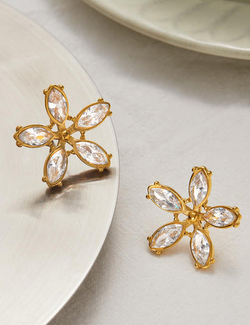 Gold Cubic Zirconia Flower Stud Earrings DP25E716