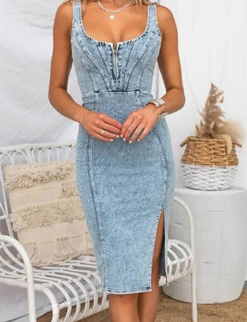 U-Neck Washed Slim Split Denim Dress DP25A530