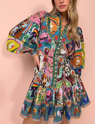 Long Sleeve Floral Tie-Waist Pleated Mini Dress DP25E667