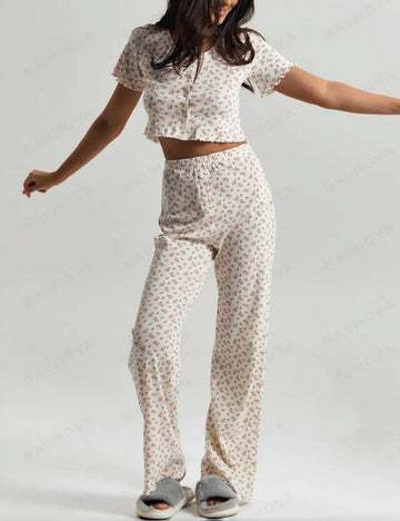 Floral Print Ruffle Top Pants Loungewear Set DP25F496