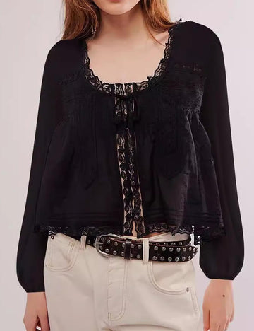 Elegant U-Neck Lace Trim Long Sleeve Shirt DP25E999