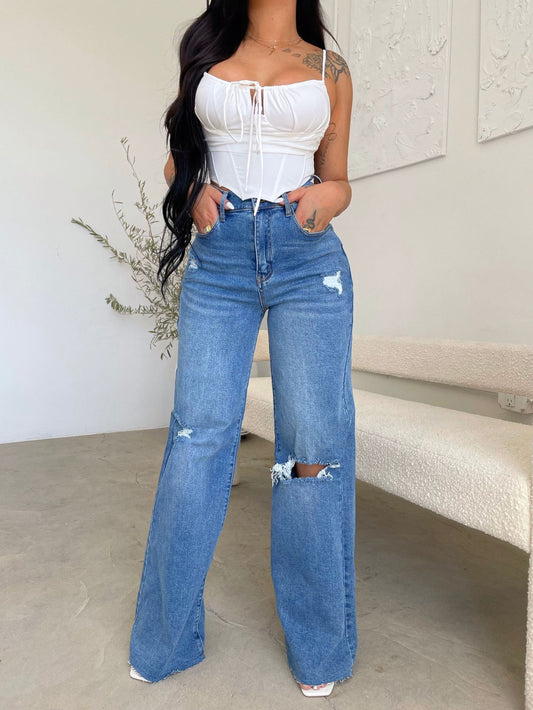 Denim Mid Waist Washed Jeans Ripped Wide Leg Pants