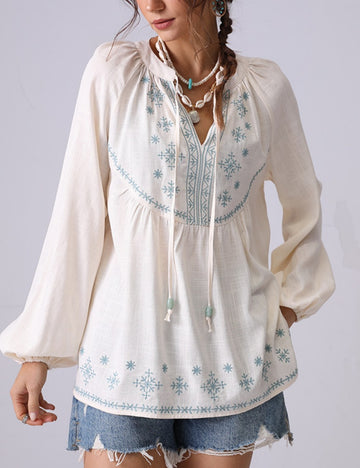 Floral Embroidered V-Neck String Loose Shirt DP25C864