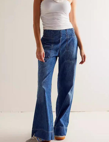 Casual Ruched Mid Waist Wide Leg Jeans DP25E502