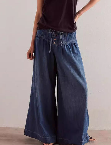 Casual Pleated Mid Waist Wide Leg Jeans DP25E482