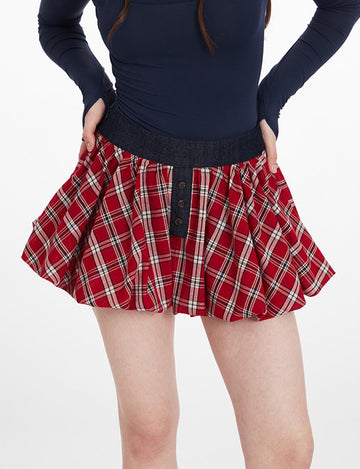 Plaid Pleated Puff Mini Skirt DP25F419