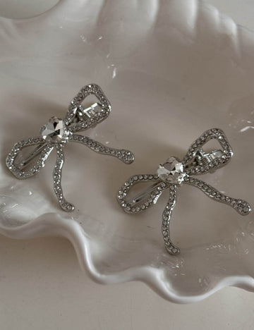 Silver Rhinestone Bow Heart Hair Clip DP25E873