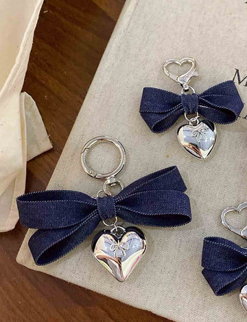 Simple Denim Bow Knot Heart Bag Charm DP25F590