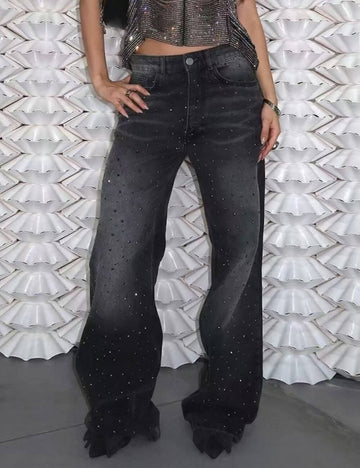 Distressed Washed Rhinestone Loose Jeans DP25B804