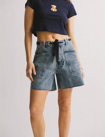 Washed Drawstring Pockets Denim Shorts DP25F431