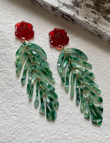 Vintage Red Rose Leaf Tassel Dangle Earrings DP25D845