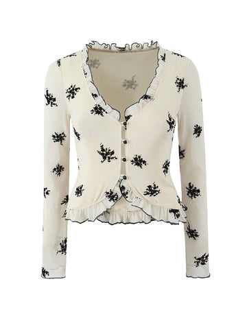 Floral Print V-Neck Lace Cardigan Blouse DP25D868