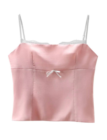 Elegant Satin Spaghetti Strap Lace Trim Top DP25D428
