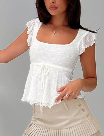 Simple Puff Sleeve Tie Front Cropped Top DP25D901