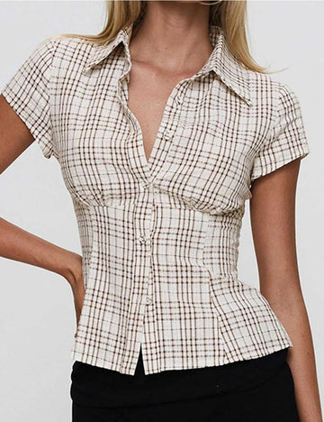 Color Block Plaid Short Sleeve Shirt DP25F516