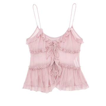 Solid Color Layered Ruffle Spaghetti Strap Top DP25D427