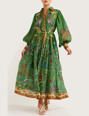 Peacock Print Lapel Buttons Maxi Dresses DP25E663