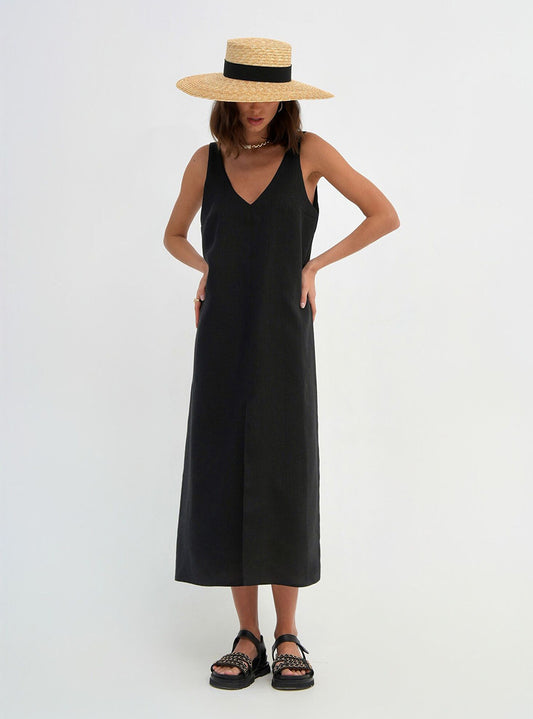Sleeveless Solid Color V-Neck Split Long Dress