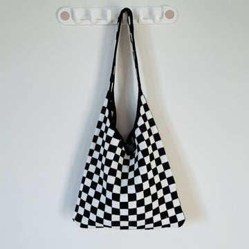 Black & Withe Plaid Color Block Knit Tote Shoulder Bag DPB1614