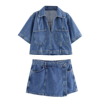 Trendy Cropped Denim Shirt and Skort Set DP25C954