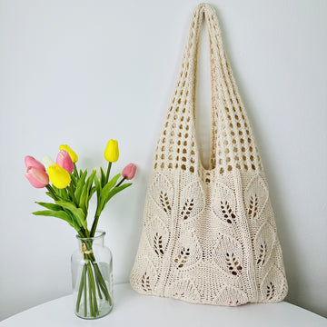 Solid Color Hollow Out Knit Shoulder Tote Bag DPB1606