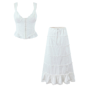 White Sweet Flounce Sleeveless Top Skirt Set DP25A525