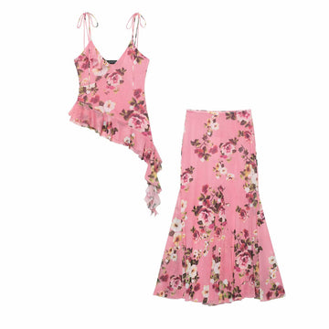 Asymmetrical Spaghetti Strap Top and Skirt Set DP25C945
