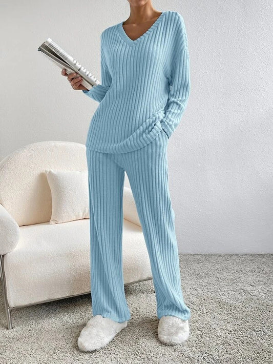 Solid Color V-Neck Top And Straight-Leg Pants Knit Set