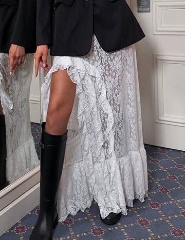 Trendy Asymmetrical Lace Side Slit Midi Skirt DP25D922