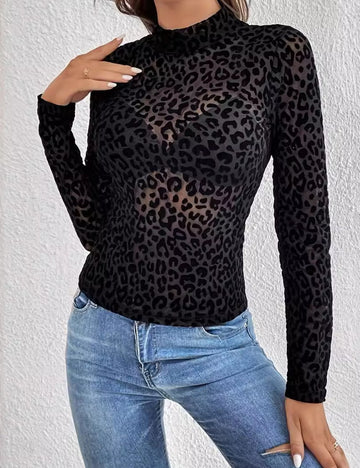 Black Leopard Print Sexy Mesh Top DPT2622